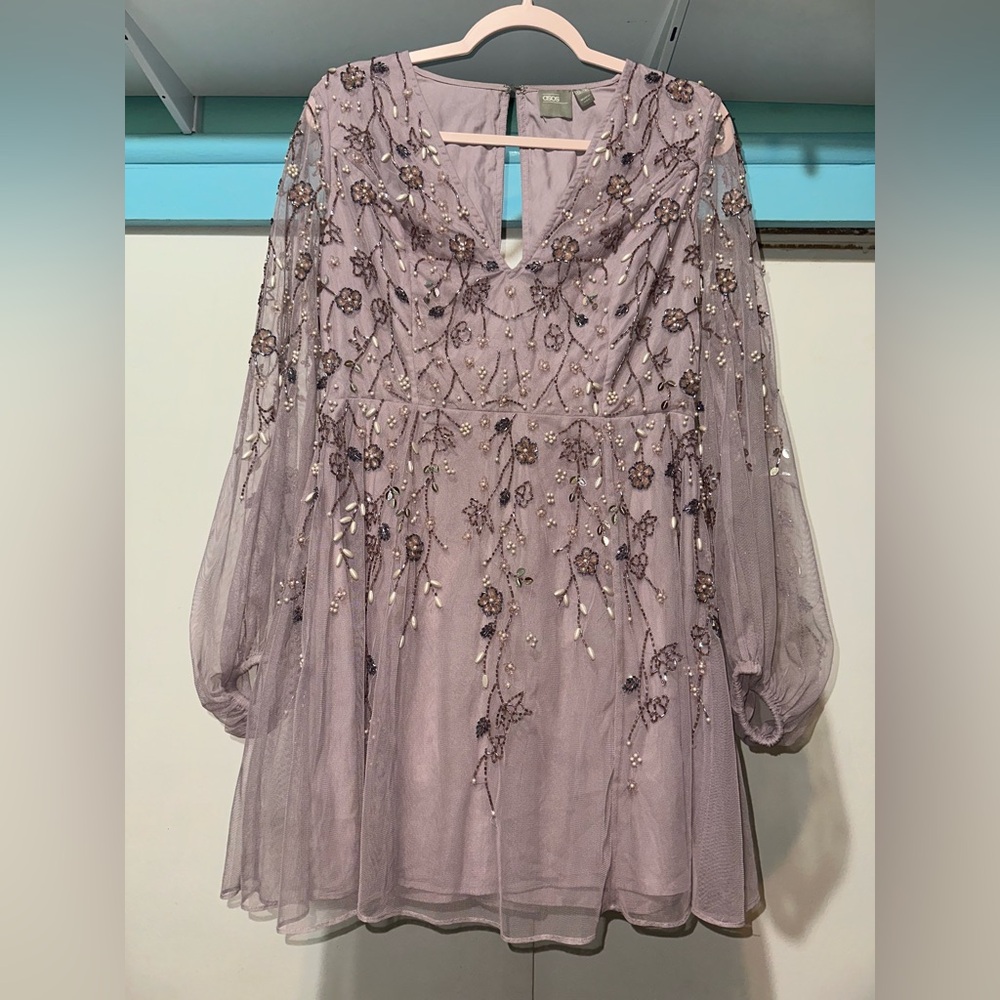 ASOS Lavender lilac Embellished Long-Sleeve Mini Dress